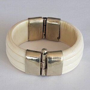 Antique Asian Hand Carved Bone & Gold Filled Bangle Bracelet 96g 2.25"D 1"W